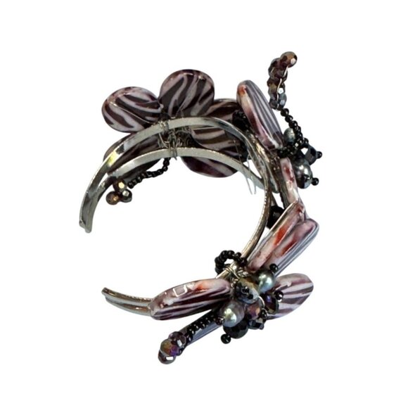 Purple Zebra Print Glass Flower Cuff Bracelet Beaded Accents Statement Jewelry 7 - Picture 3 of 5